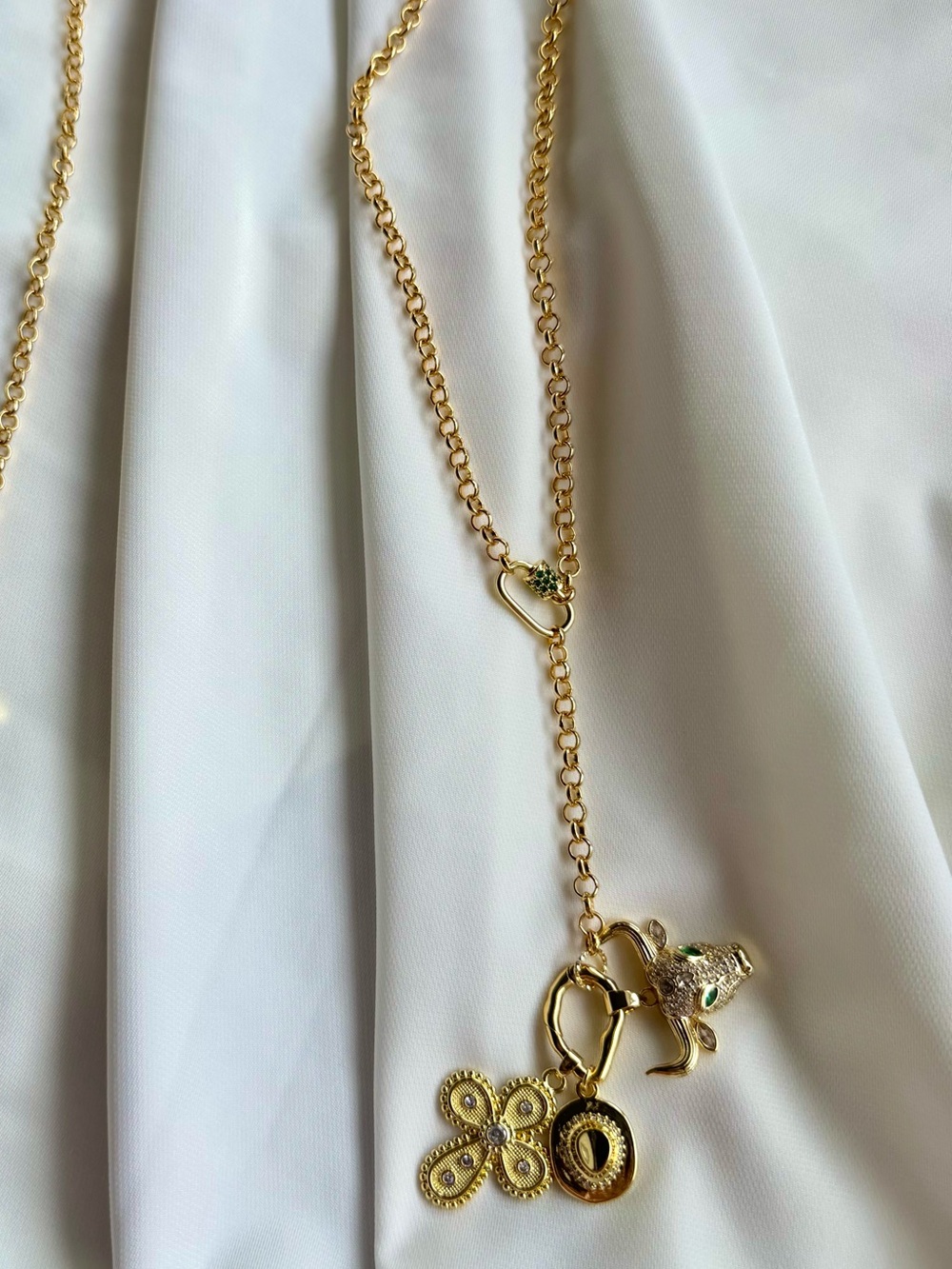 Gold Charm Western Lariat Necklace with Green Accent - Women Jewelry - Picture 4 of 4